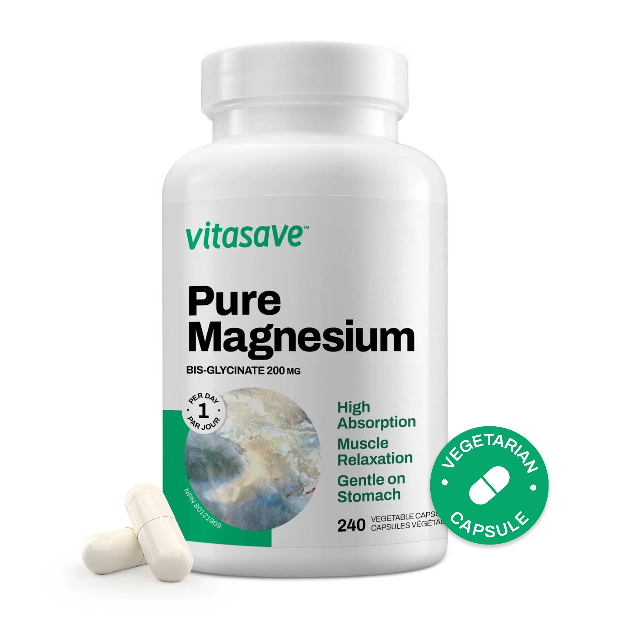 Vitasave - Pure Magnesium, 200mg Magnesium Bisglycinate Capsules, 240 Counts