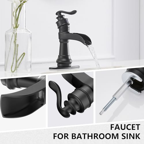 Vessel Sink Faucet, Oil Rubbed Bronze Black Bathroom Faucet, Farmhouse Waterfall Sink Faucet Single Hole with Pop Up Drain Assembly Without Overflow One Hole Mixer Tap Deck Mount
