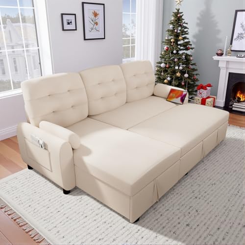 Sleeper Sofa, Sofa Bed with Pullout Bed, 2 in 1 Sleeper Sofa Couch with Reversible Storage Chaise, Charging Station, Sectional Couch for Living Room, Apartment (Black)