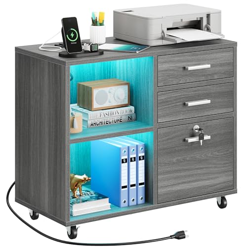 YITAHOME Wood File Cabinet, 3 Drawer Mobile Lateral Filing Cabinet, Storage Cabinet Printer Stand with Charging Station and Led Light for Home Office Organization, Black