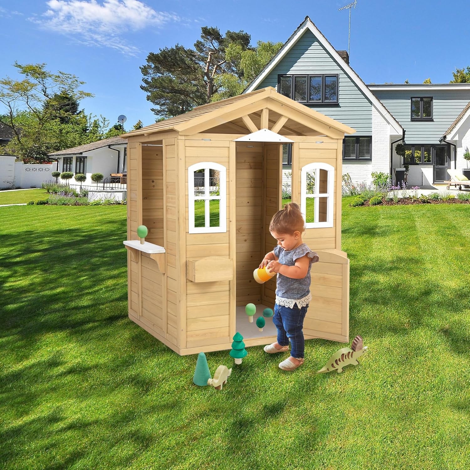 Wooden Outdoor Playhouse for Age 3-6 Years Boy Girl, Cottage Playhouse with Door, 2 Windows, 3 Serving Station, Shelf & Flowerpot Holder, for Backyard, Lawn, Garden