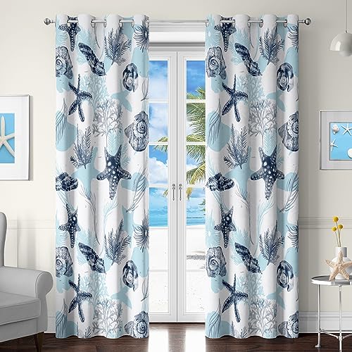 Coastal Nautical Curtains Blue and White Beach Sea Starfish Seashell 50% Light Blocking Curtains Ocean Theme Coral Print Window Drapes Decor for Living Room Bedroom Nursery, 2 Panels, 52x96 Inches