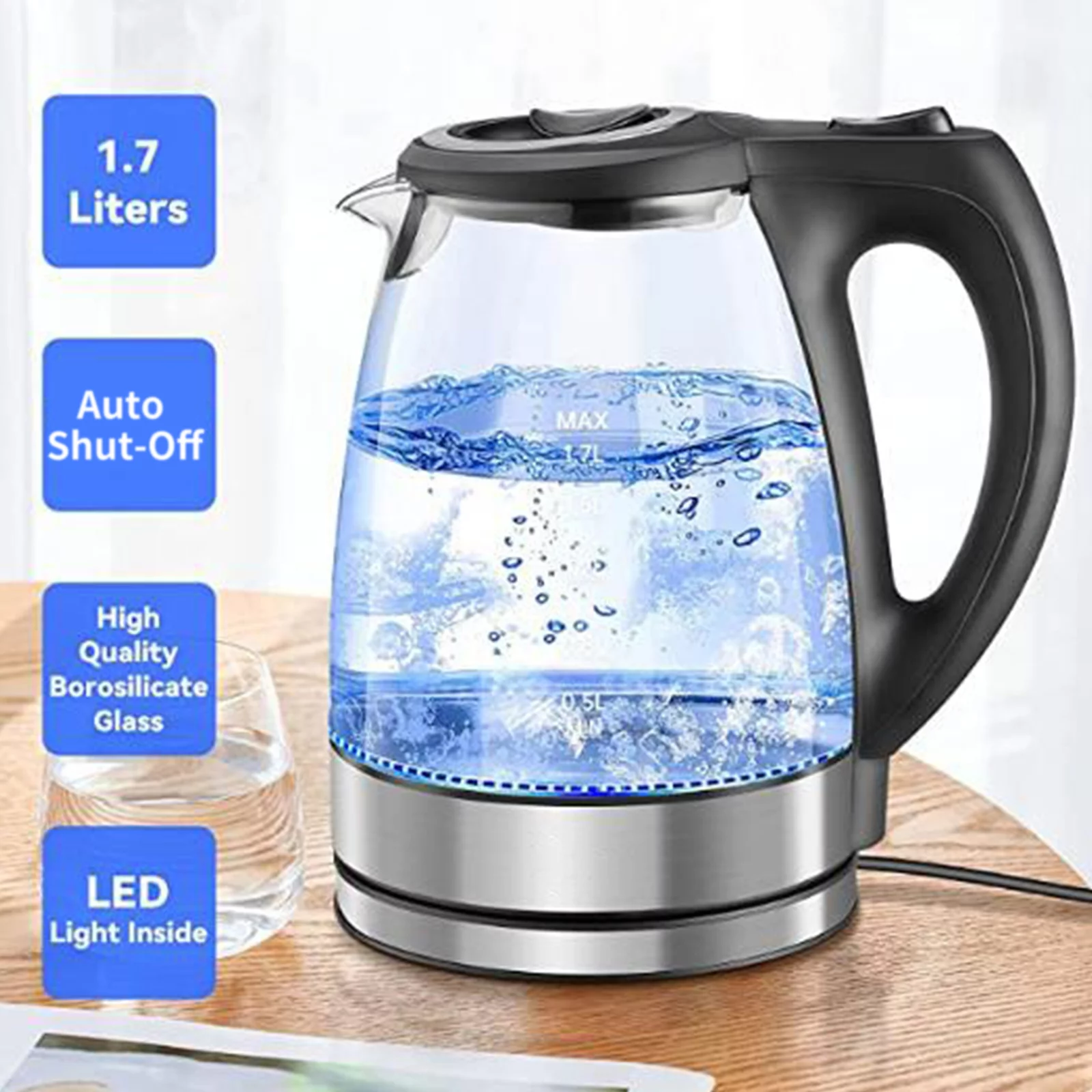Anself 1.7L Electric Kettle 1500W Glass Hot Kettle Fast Heating Electric Tea Kettle Boiler & with Auto Shut-Off