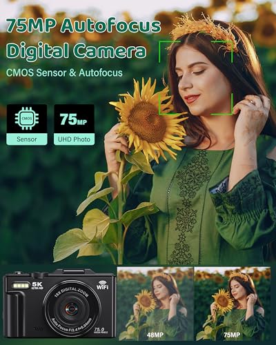 5K Digital Camera for Photography - WiFi 75MP Vlogging Cameras for YouTube - UHD Autofocus Video Camera 3