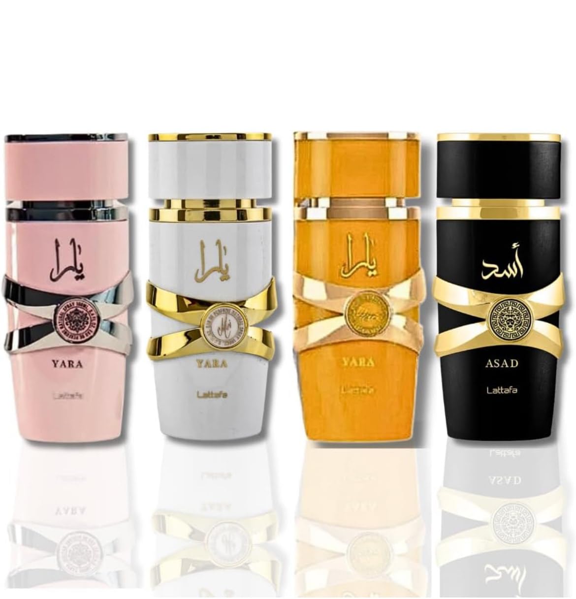 Lattafa Unisex 4 Piece Eau de Parfum Gift Set (Yara for Women + Yara Moi for Women + Yara Tous for Women + Asad for Men) 3.4 Ounce/100 ml each