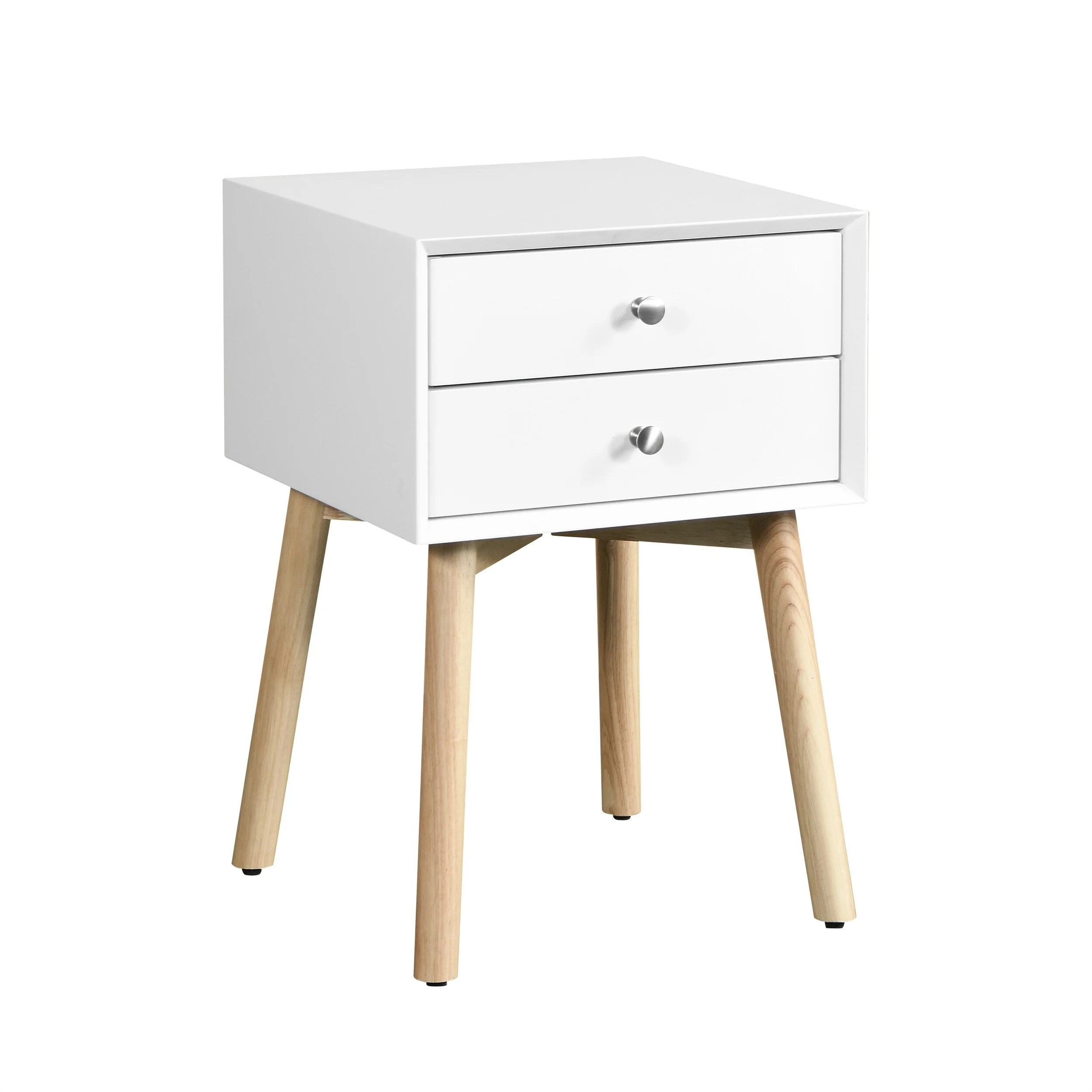 Side Table 2 Drawer Bedside Table Rubber Wood Legs, Storage Cabinet White