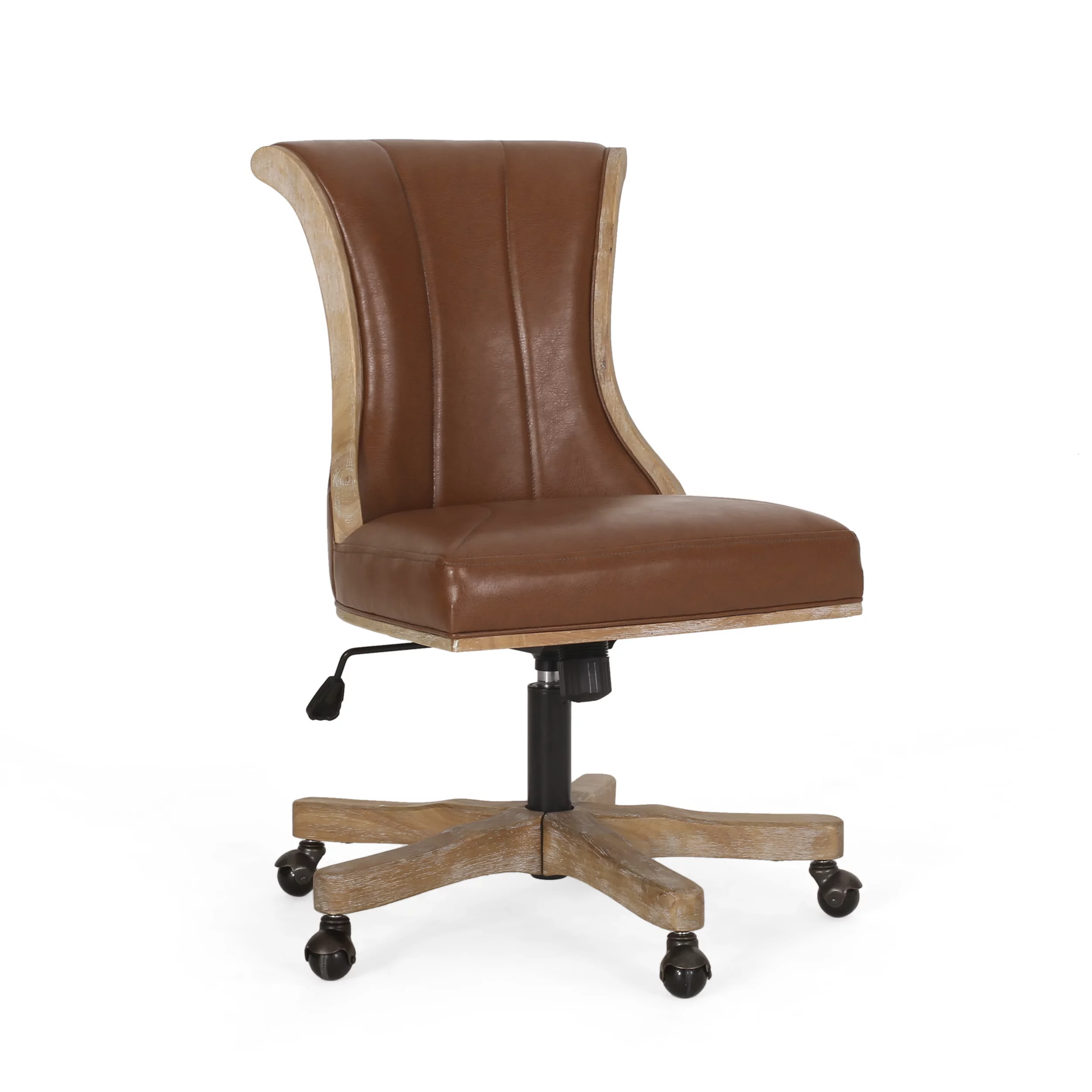 Andrea Contemporary Upholstered Roll Back Swivel Office Chair, Cognac Brown and Natural