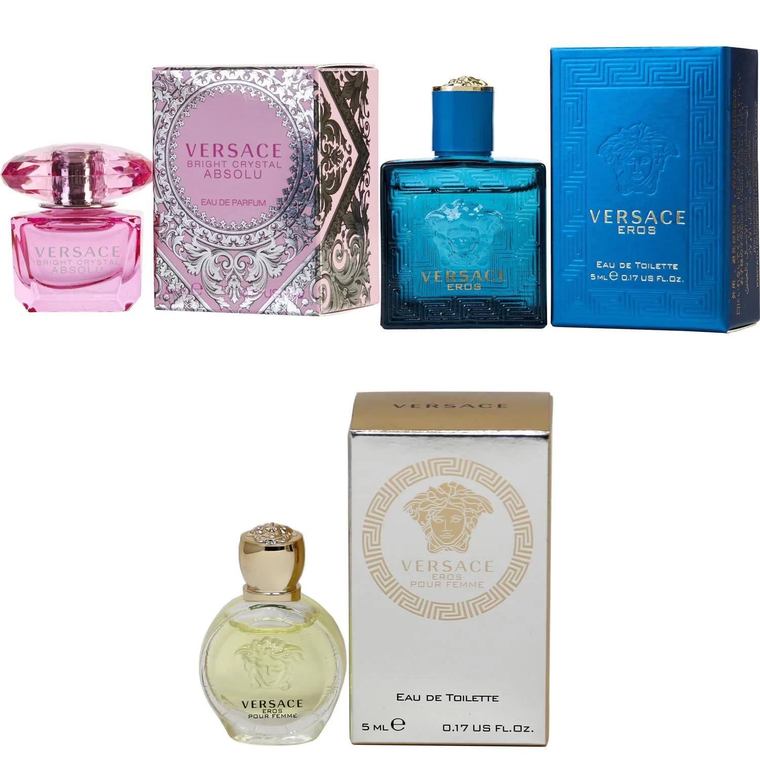 Versace Bright Crystal Absolu EDP, Eros Men EDT, Eros Women EDT - 5ml 3PK Kit