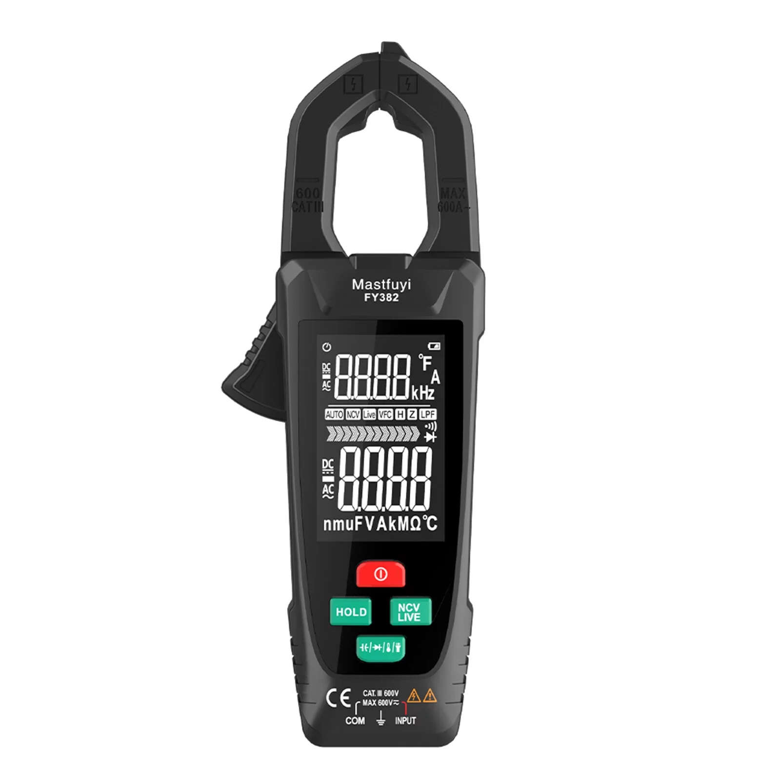 Mastfuyi FY382 Smart Clamp Meter True RMS 9999 Counts Digital Multimeter Tester LCD Screen AC DC Voltage AC Current Detector with Flashlight Multifunction Voltage Meter Capacitance Resista