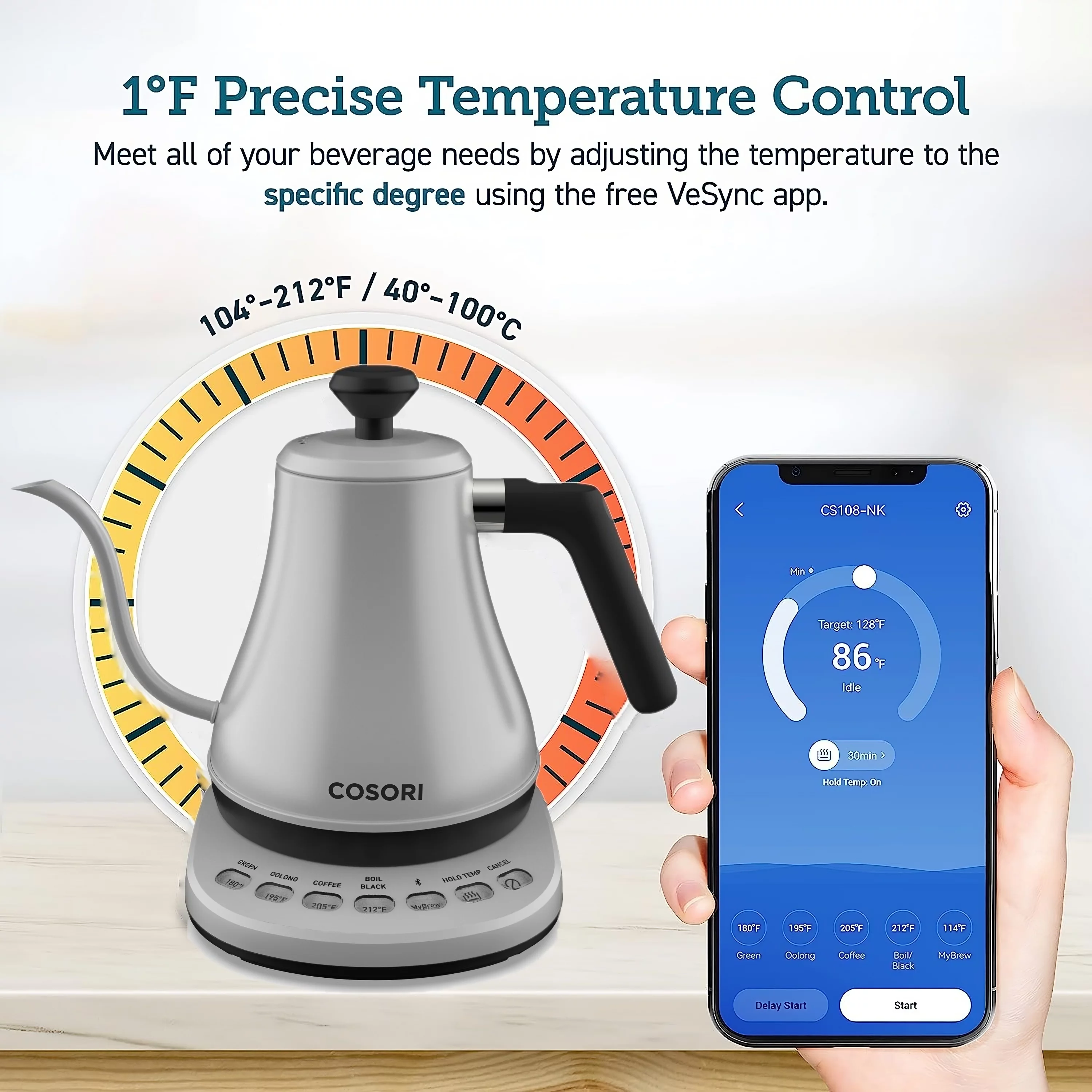 COSORI Smart Gooseneck Kettle Electric for Pour-Over Tea & Coffee with Variable Presets, Stainless Steel  ,0.8L, Gray