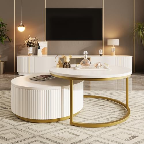 Round Nesting Coffee Table Set of 2 with Drawers, Stacking Sofa Side Furniture w/White Glossy Marble Veneer Top, Gold Frame, Fluted Design, for Living Room