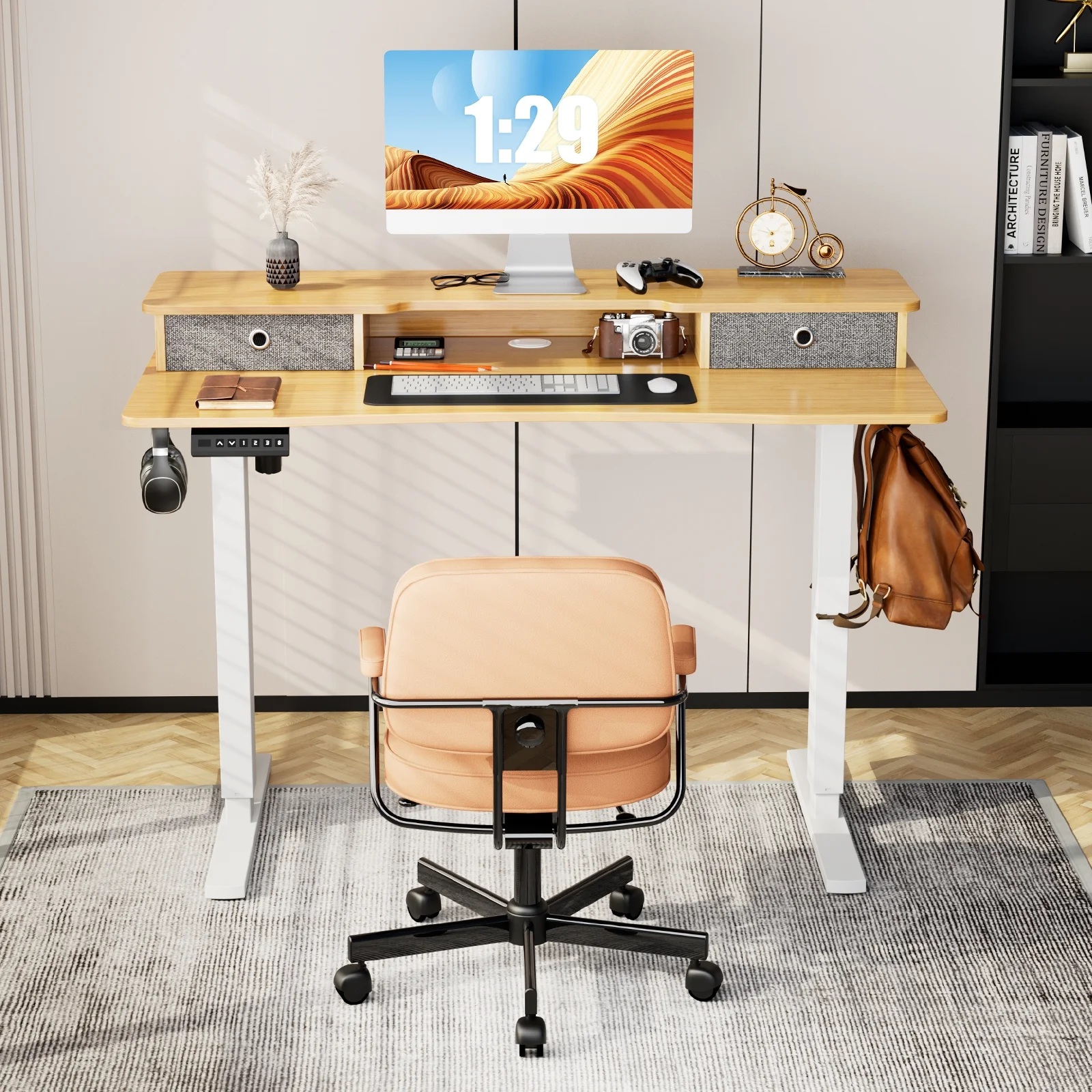 CoSoTower Home Office Height Adjustable Electric Standing Desk with Storage Shelf Double Drawer