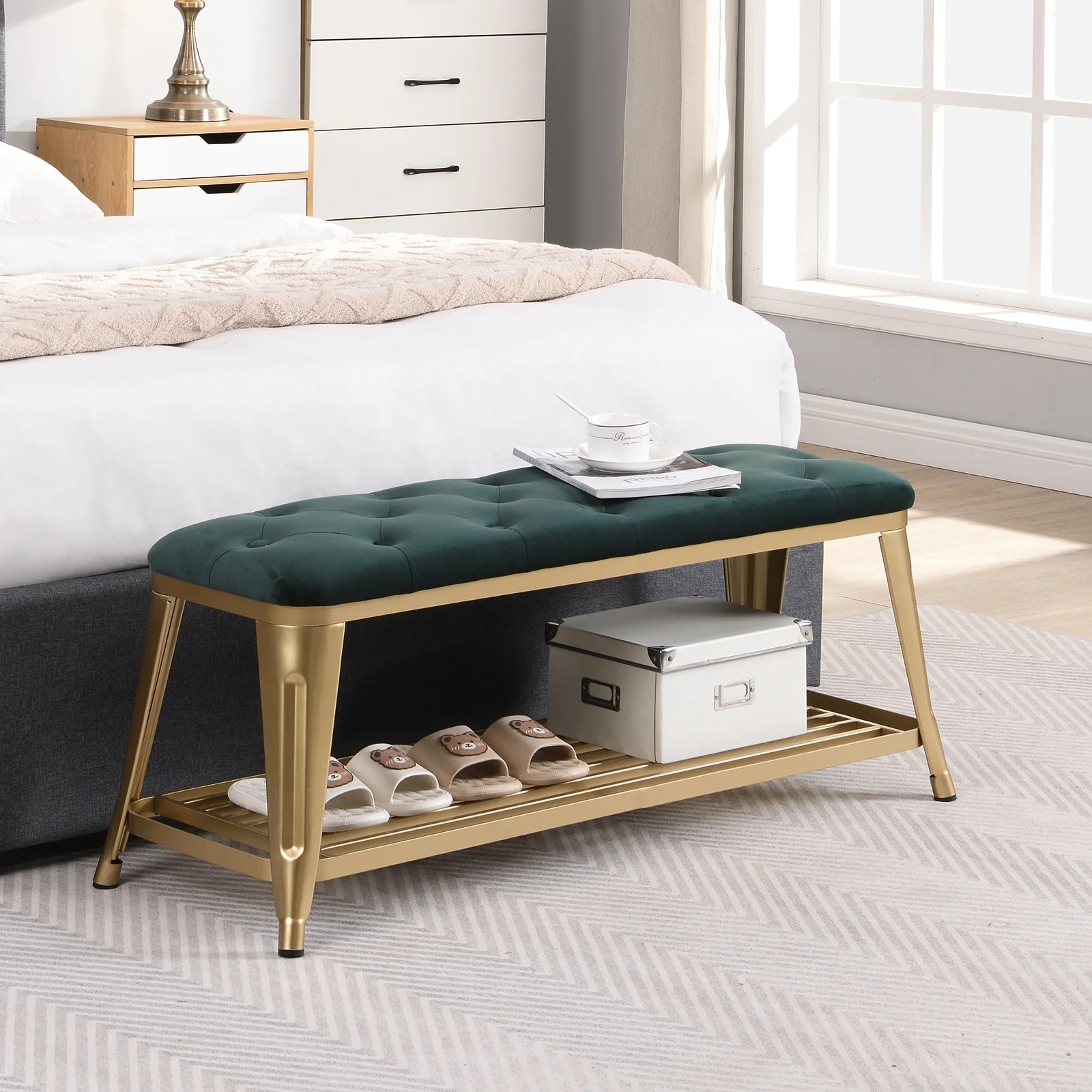 Shoe Storage Bench ,Entryway Shoe Rack Bench with Velvet Seat,Gold Legs, End of Bed Bench for Entryway Bedroom Living Room