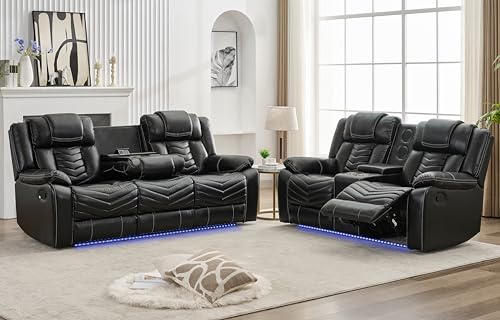 Manual Recliner Sofa Set with Wireless Charger for Living Room, Leather 3 Seater Reclining Sofa and Loveseat Seating Couch with Bass Speakers, LED Lights,Home Theater Love seat Sets with Console, Grey