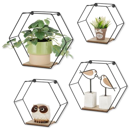Hexagon Shelves Black Metal - Floating Geometric Hexagon Shelf Wall Mount - Plant Shelves Hexagonal Decor Set of 4