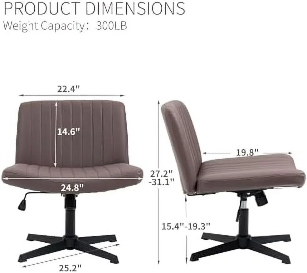 Armless Cross-Legged Desk Chair - No Wheels  PU Leather Wide Seat - Modern Upholstered Adjustable Swivel Chair with Metal Base for Home Office  Living Room  Bedroom  Vanity Makeup  Readin