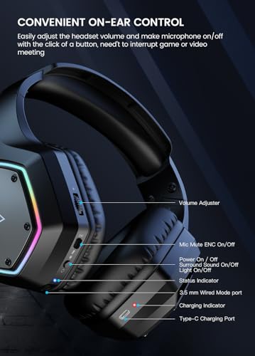 EKSA E1000 Gaming Headset, Computer Headphones with Noise Canceling Mic & RGB Light, 7.1 Surround Sound, Compatible with PC, PS4 PS5 Console, Laptop (Blue)