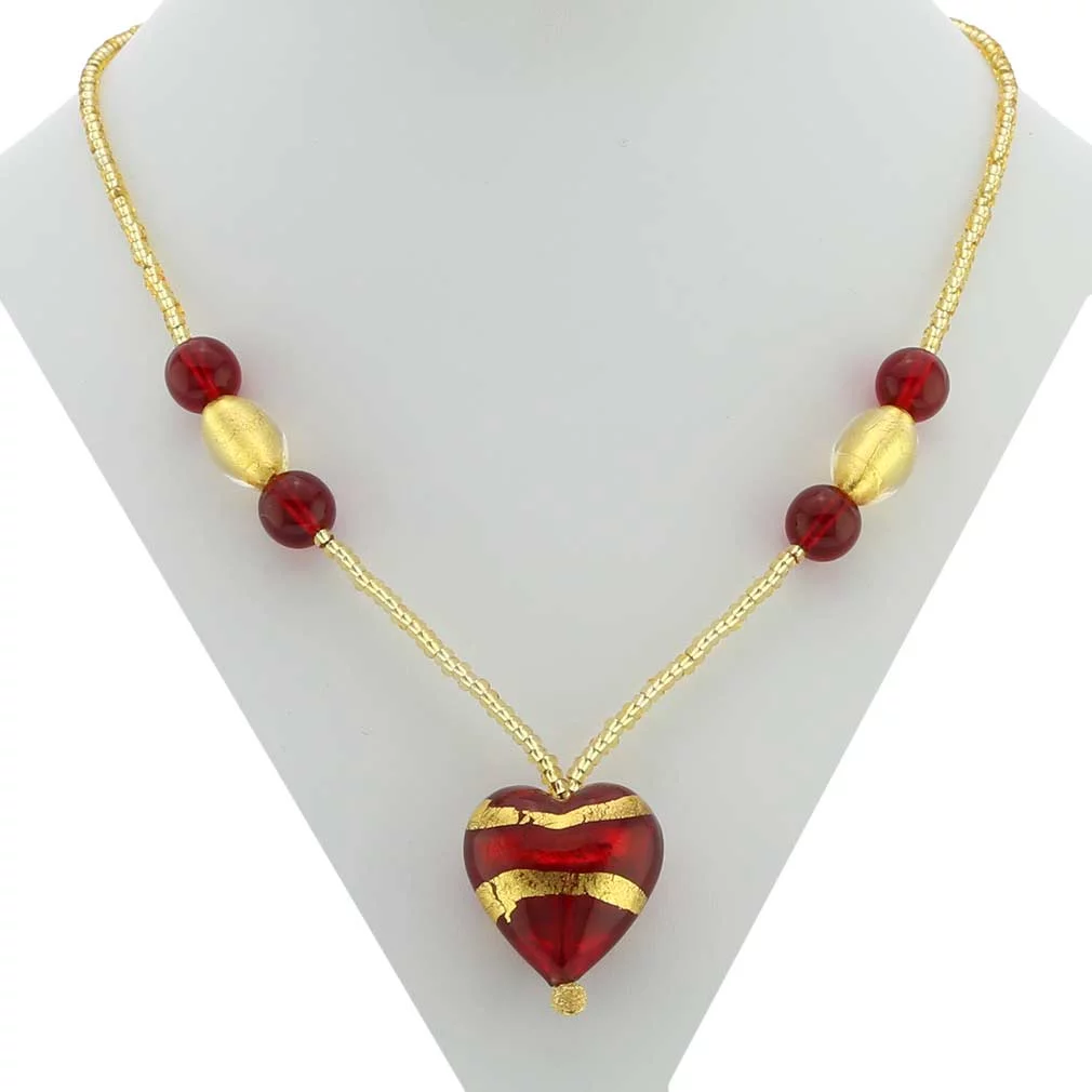 GlassOfVenice Murano Glass Heart Necklace - Gold and Red