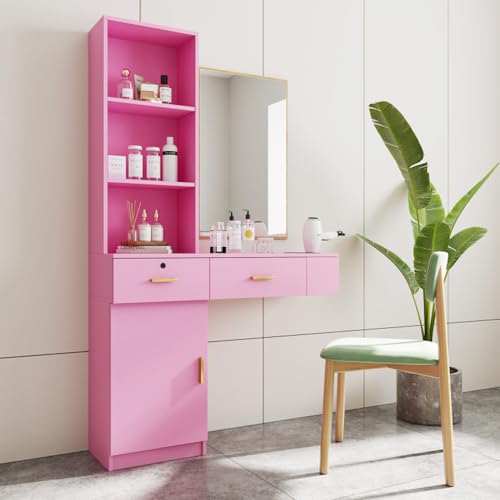 Modern Wood Computer Desk, Makeup Vanity Dressing Table with Drawers Shelves Dresser Desk, Writing Desk Makeup Dressing Table with Multi-Layer Storage for Bedroom with Mirror (Pink)