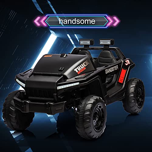 24V Electric Kid Car, 2-Seater Leather Seat Ride on Truck for Children, Kids Ride on Electric car, Ride on Car for Kids with High and Low Speed Bluetooth Music USB, 4-wheel Shock Absorb(Black)