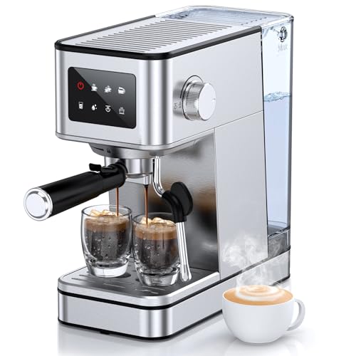 Espresso Machine with Milk Frother, 20 Bar Compact Coffee Machine with Touch Screen & 57.5oz Removable Water Tank for Home, Stainless Steel Espresso Maker for Cappuccino, Latte, Silver