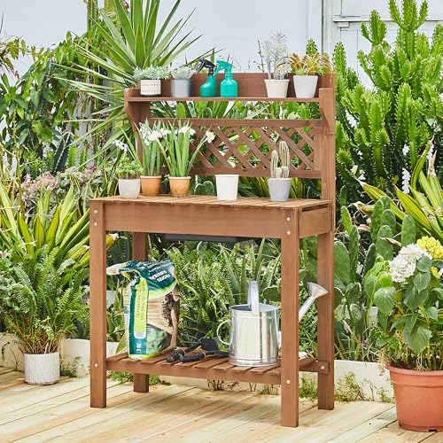 Topeakmart Potting Table Wood Workstation Table w/Sliding Tabletop w/Removable Dry Sink Storage Shelves Outdoor Garden Work Benches Station Planter Bench for Backyard Patio Brown