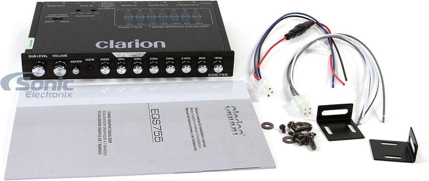Clarion EQS755 7-Band Car Audio Graphic Equalizer with Front 3.5mm Auxiliary Input, Rear RCA Auxiliary Input and High Level Speaker Inputs