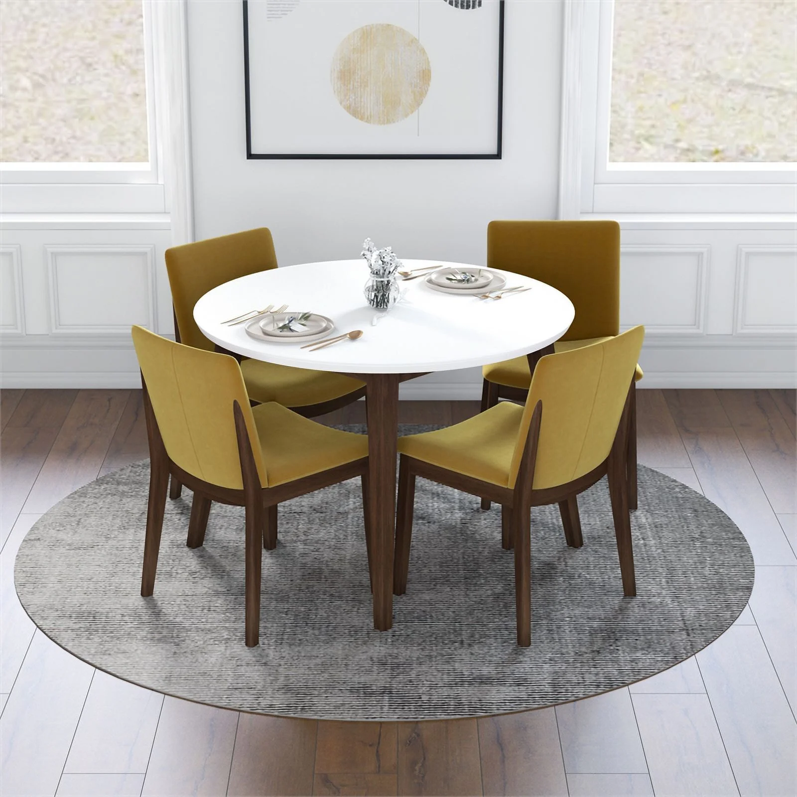 Pala Modern Solid Wood White Top Round Dining Room&Kitchen Table and 4 Chair Set