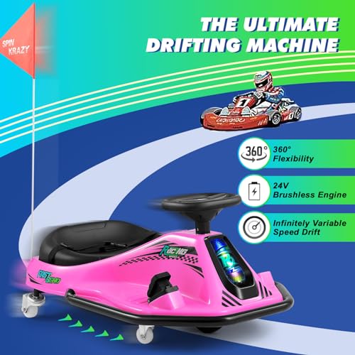 360 Degrees Rotating Ride On Drift Car, 24V Electric Drifting Go Kart for Kids W/Replacement Wheels, High/Low Speed, 24V Brushless Motor, Flashing Lights, Flag, Music,Bluetooth (Pink)