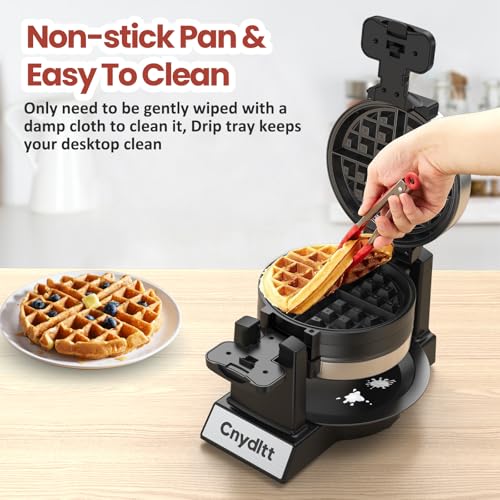 Double Waffle Maker, 1400W Rotating Belgian Waffle Iron with Nonstick Plates, 180° Flip, 8-Slice, Removable Drip Tray, Locking Lid & Cool Touch Handles, Stainless, Black