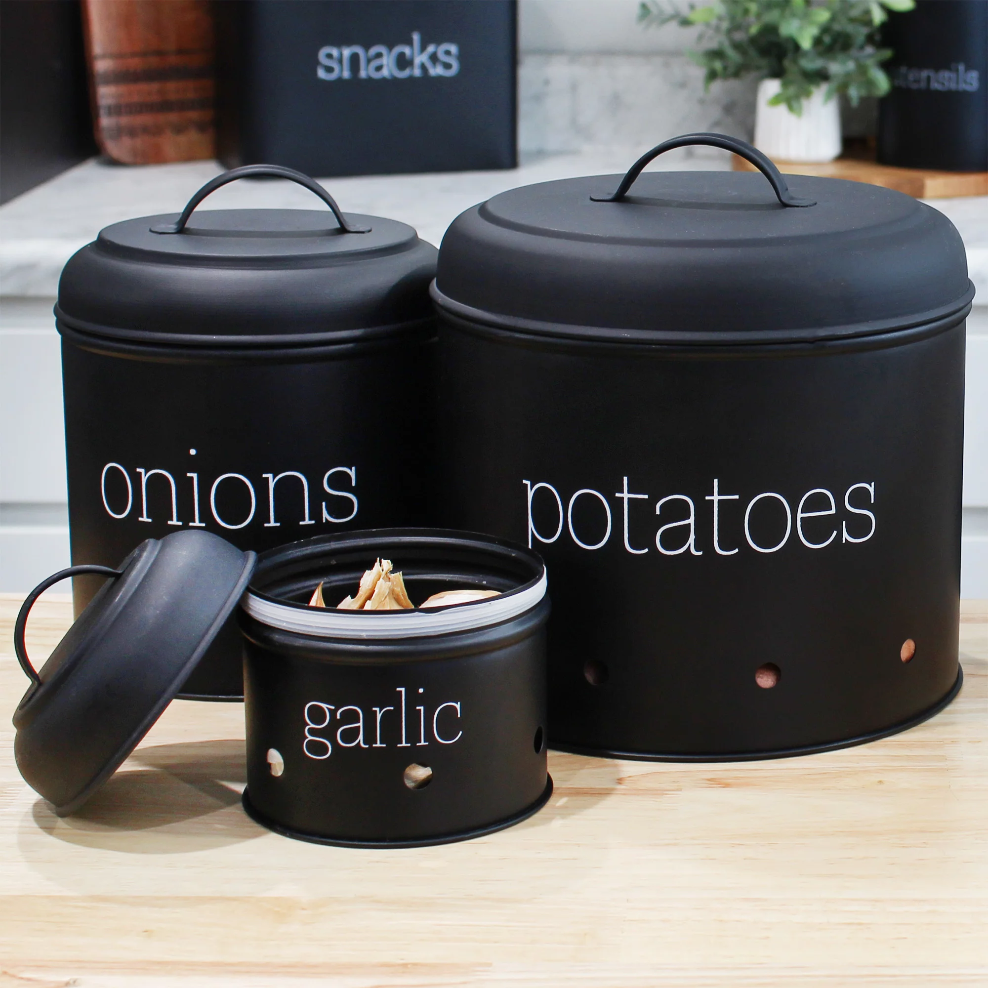 AuldHome Potatoes, Onions and Garlic Canister Set (Black); Contemporary Vegetable Storage Containers