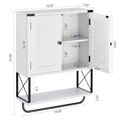 Bathroom Medicine Wall Cabinet, Bathroom Hanging Storage Cabinets with Louver Doors, Medicine Cabinet Organizer Wall Mounted with Towel Bar, White