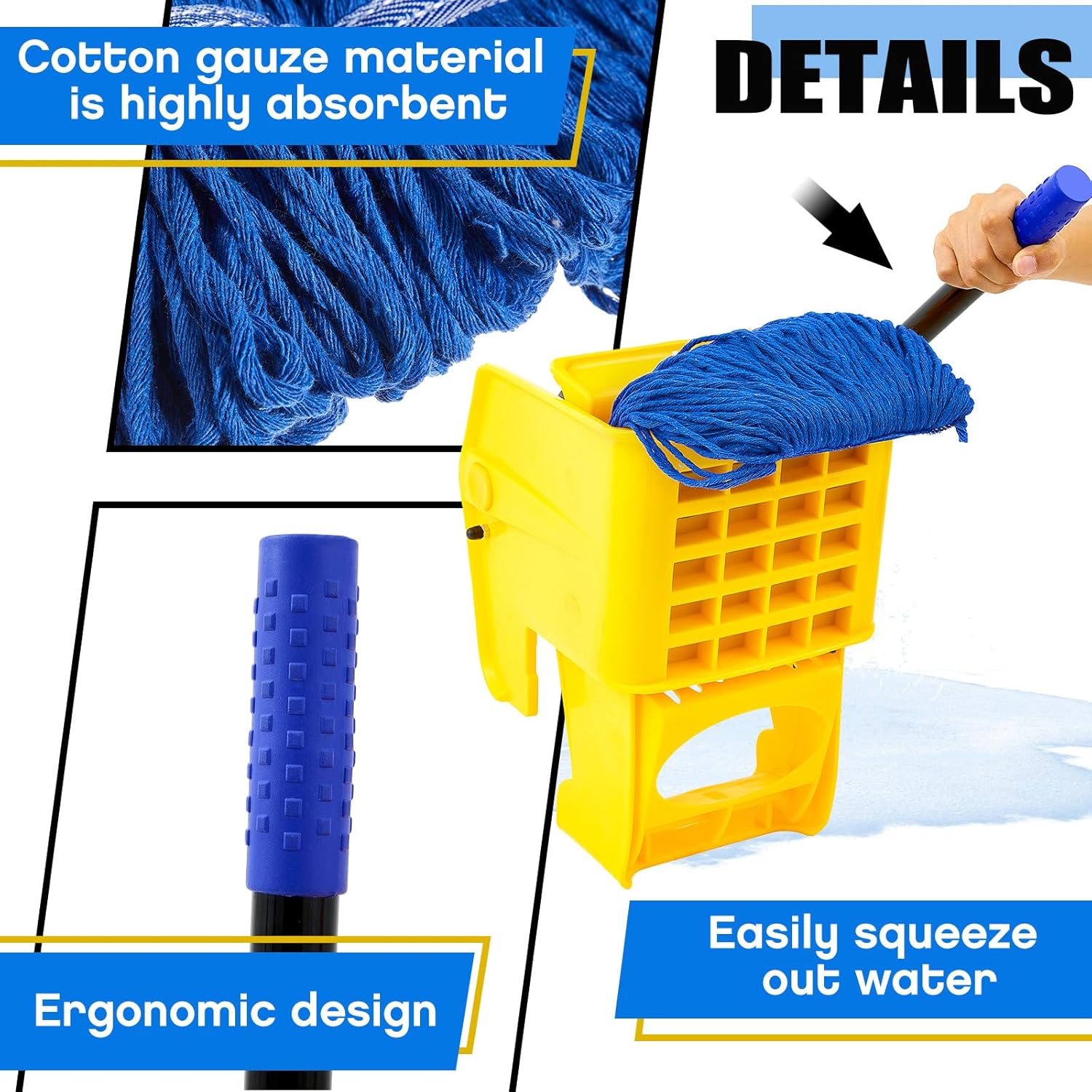 Side Press Wringer Replacement for Commercial Mop Bucket 26 and 33 Qt, with 2 Pcs Mop Head Replacement, Yellow Mop Wringer with Handle for Easy Use, Blue Mop Head Refill for Cleaning Floor