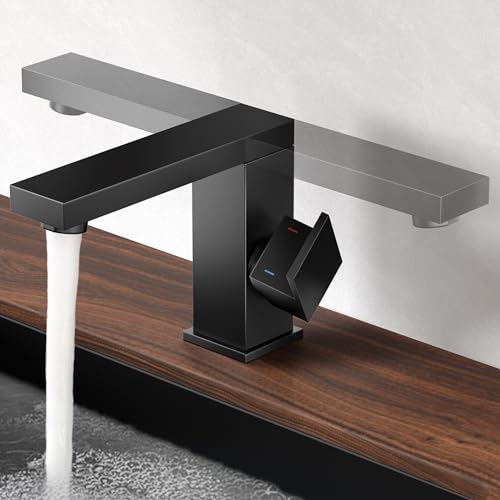 KES 360° Swivel Matte Black Bathroom Faucet, 18/8 Stainless Steel Modern Square Bathroom Vessel Sink Faucet Single Hole, Single Handle Vanity Faucet for Sink RV Lavatory, L3159LFF12-BK