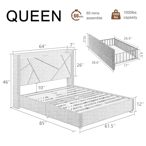 Upholstered Queen Bed Frame with 4 Storage Drawers, Platform Bed Frame with Charging Station, Modern Geometric Wingback Headboard, No Box Spring Needed, Easy Assembly, Light Grey
