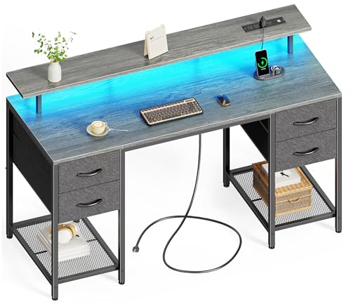 Huuger 47 inch Computer Desk with 4 Drawers, Gaming Desk with LED Lights & Power Outlets, Home Office Desk with Large Storage Space for Bedroom, Work from Home, Black