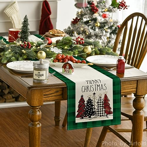 Artoid Mode Waterclor Buffalo Plaid Christmas Trees Merry Xmas Table Runner, Seasonal Winter Holiday Kitchen Dining Table Decoration for Indoor Outdoor Home Party Decor 13 x 108 Inch