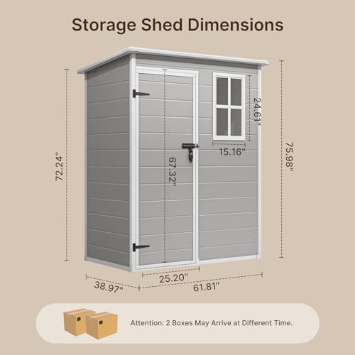 Gizoon 5x3 FT Resin Storage Shed Outdoor, Heavy-Duty Resin Shed with Floor for Patio, Lawn, Plastic Garden Sheds Weather-Resistant with Lockable Door for Patio Furniture, Garden Tools, Grey