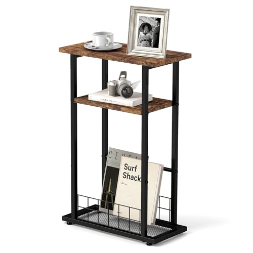 Small Side Table for Small Spaces,3-Tier Narrow End Table with Magazine Holder,Slim Bedside Table Nightstand with Storage for Living Room(Rustic Brown)
