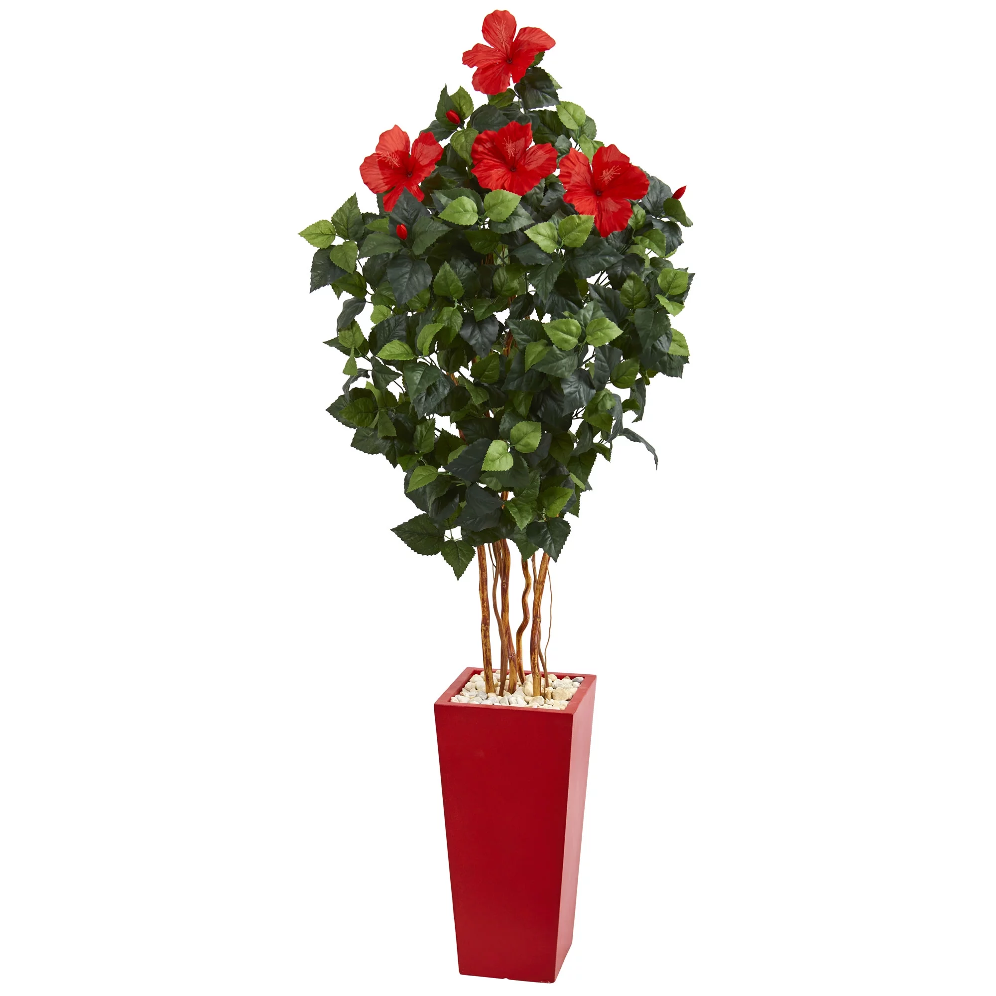 Nearly Natural 5.5' Hibiscus Artificial Tree in Red Tower Planter, Green