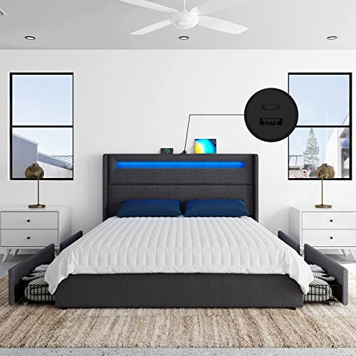 Queen LED Bed Frame with Wingback Headboard, Upholstered Platform Bed with 4 Storage Drawers & Charging Station, App/Remote Control, Box Spring Optional, Dark Grey…
