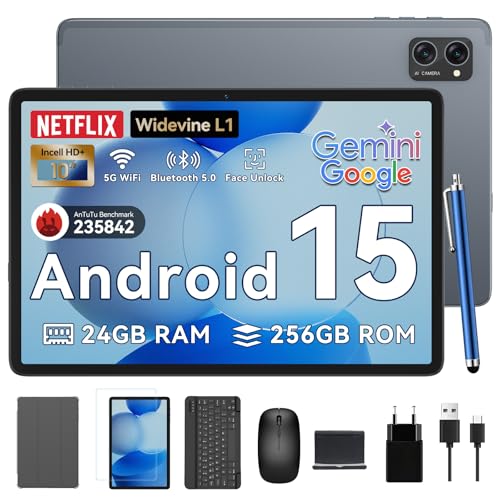 Tablet 2025 Latest Android 15 Tablets with 10.1 Inch Incell Display, 24GB RAM 256GB ROM /2TB TF, Gemini AI, T606 Octa-Core+8MP Camera, 5000mAh, Widevine L1, 2 in 1 Tablets with Keyboard Mouse Stylus