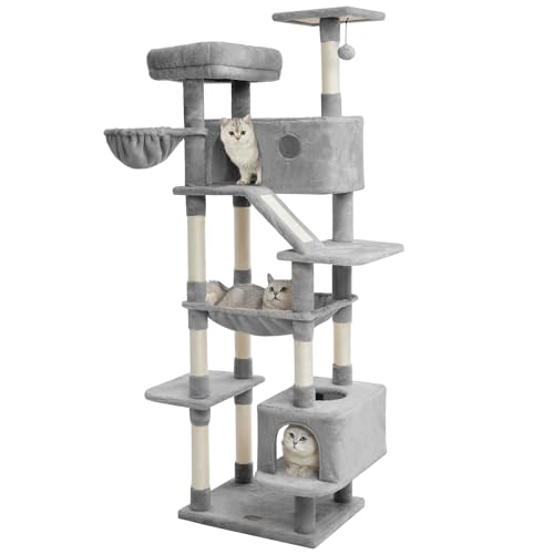 73 inches Large Cat Tree for Indoor Cats, Tall Cat Tower with Sisal Scratching Posts and Pads, Padded Plush Perch, Cozy Basket, Plush Condo for Large Cats, Beige