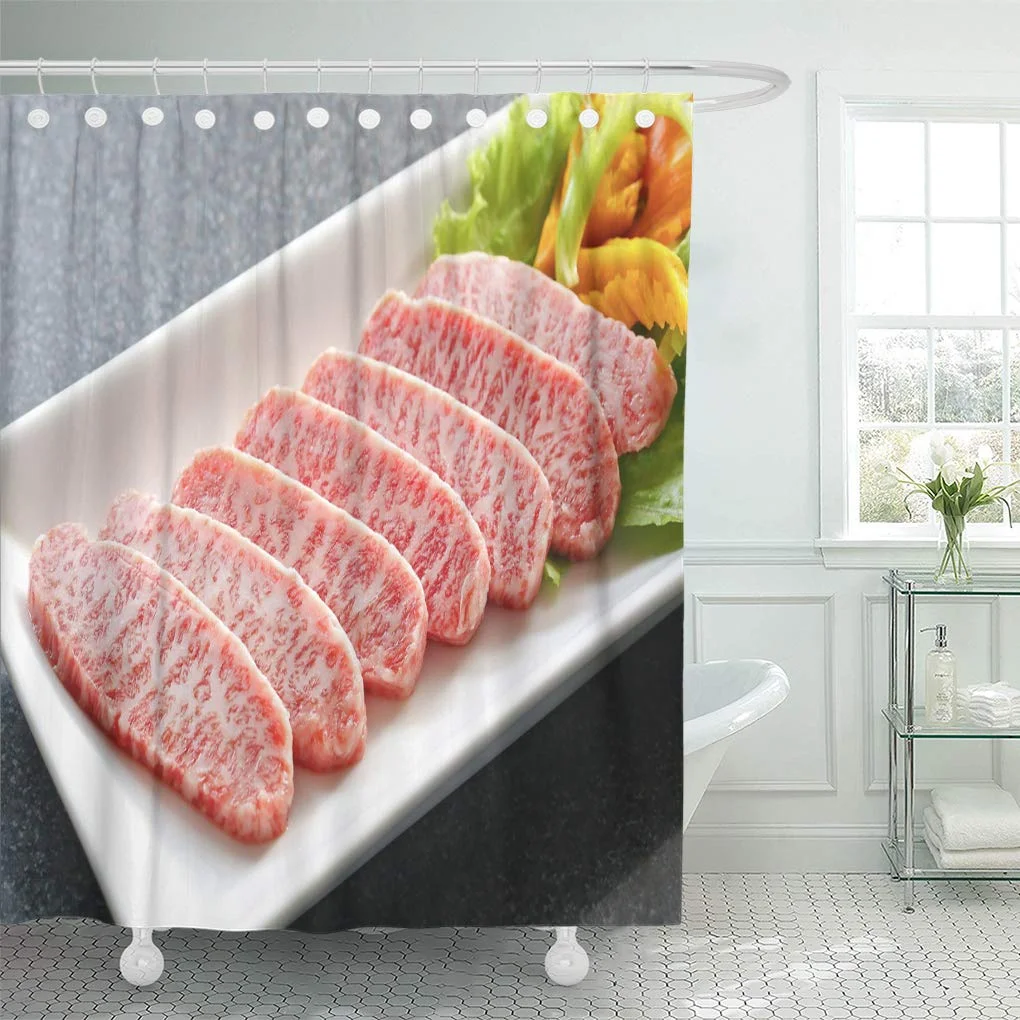 CYNLON Red Meat Premium ese Wagyu Beef Sliced on Plate Bathroom Decor Bath Shower Curtain 66x72 inch