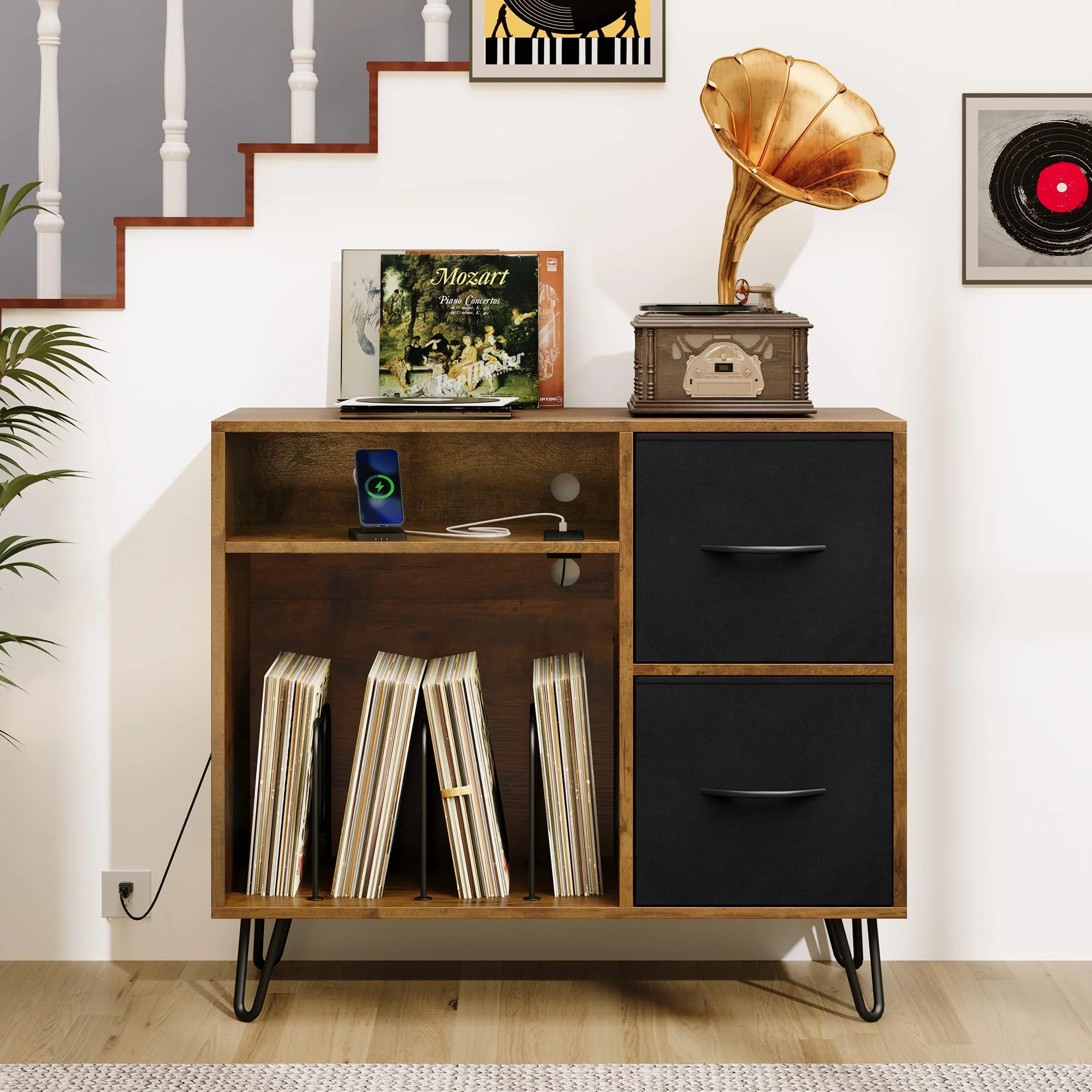 Dextrus Vinyl Record Player End Table Stand with Cloth Drawer, Turntable Stand with Charging Station & USB Ports