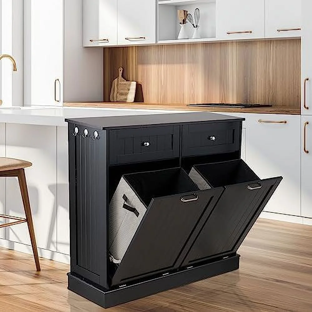 LLBIULife Double Tilt Out Trash Cabinet   Free Standing Laundry Hamper with Hideaway Drawer  Bag  20 Gallon Pet Proof  for Living Room Black