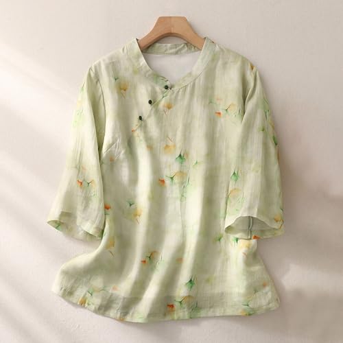Stand Collar Button Tops for Women Fashion 2024 Floral Embroidered Chinese Linen T-Shirts Casual 3/4 Sleeves Blouse