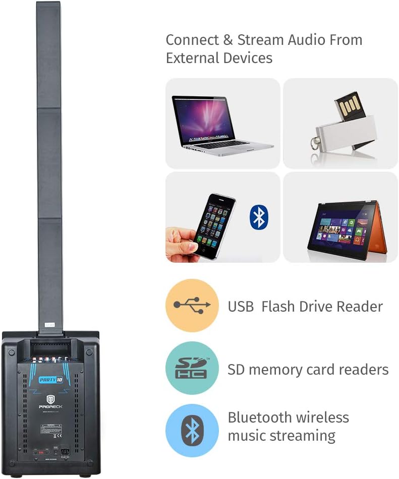 PRORECK PARTY 10 Portable 10-Inch 500 Watt Line Array Column Powered DJ/PA System Stage Tower Speaker with Bluetooth/USB/SD Card/Remote Control