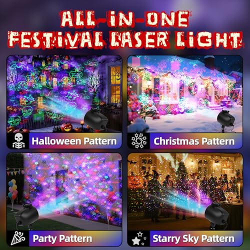 Halloween Christmas Projector Lights Outdoor, Laser Motion Show with Remote, 4 Holiday Slide Patterns for Halloween, Christmas, Stars & Party, Red Green Blue Holiday Party Landscape Decoration