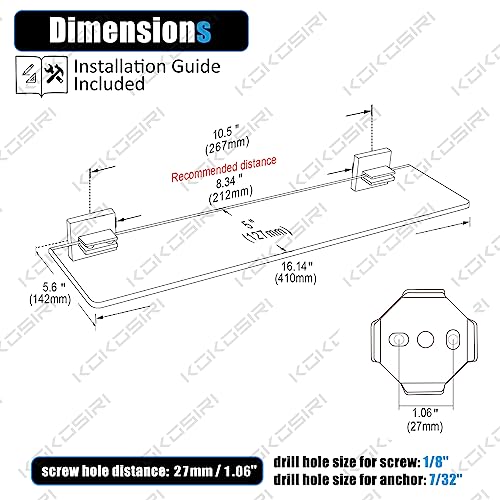 KOKOSIRI Wall Shelves Floating Bathroom Glass Shelf for Kitchen Storage, 16'' x 5.6'' Tempered Glass Wall Mounted Polished Stainless Steel B1106CH-L16